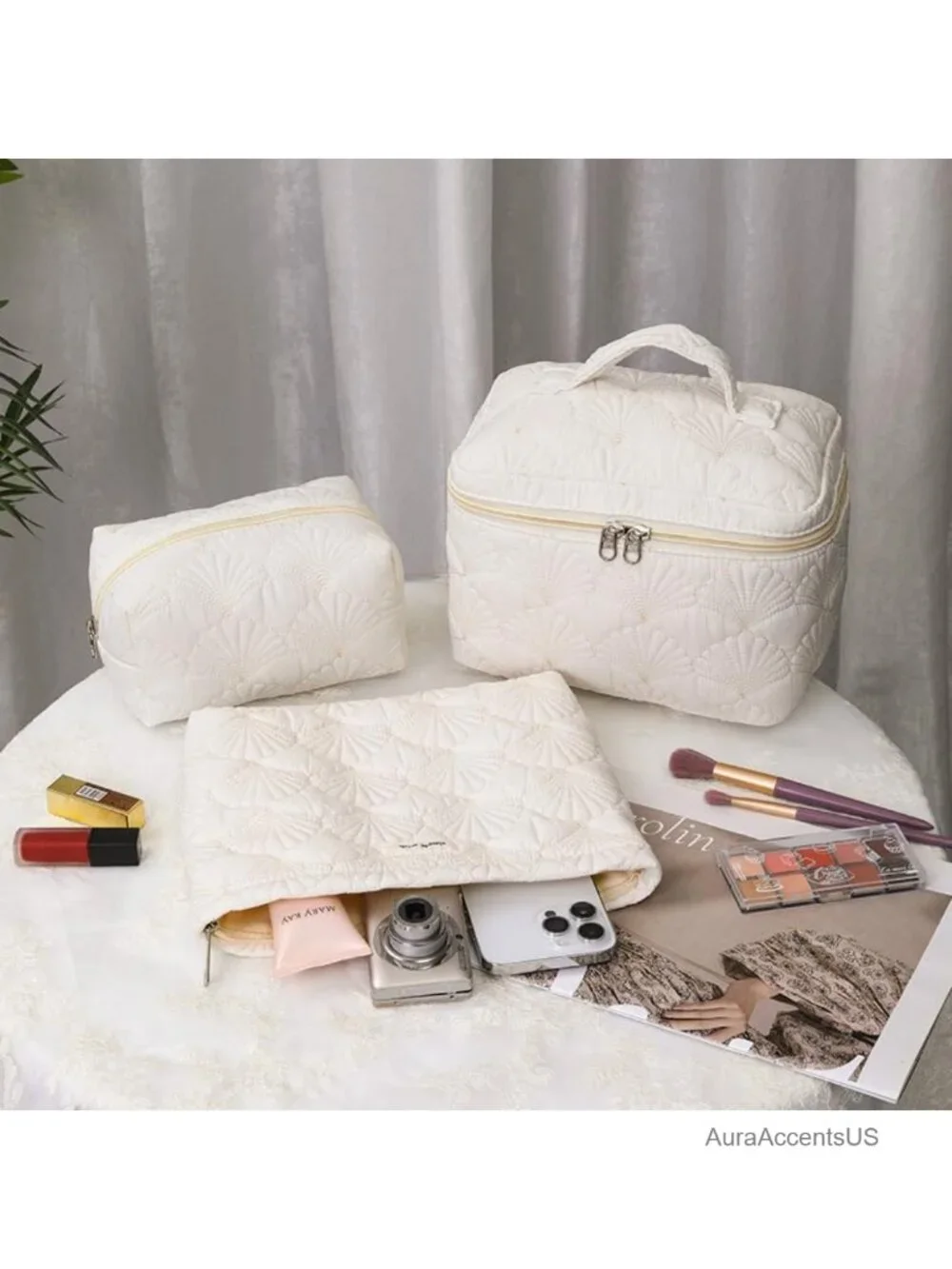 Large Quilted Travel Makeup Bag Cosmetic Pouch Purse with Handle Zipper